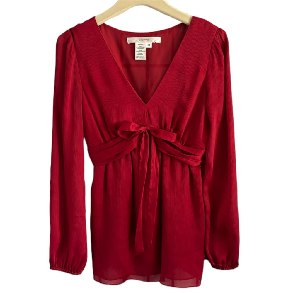 Y2K Satin Chiffon Tie Front Bow Red Long Sleeve Peasant Blouse